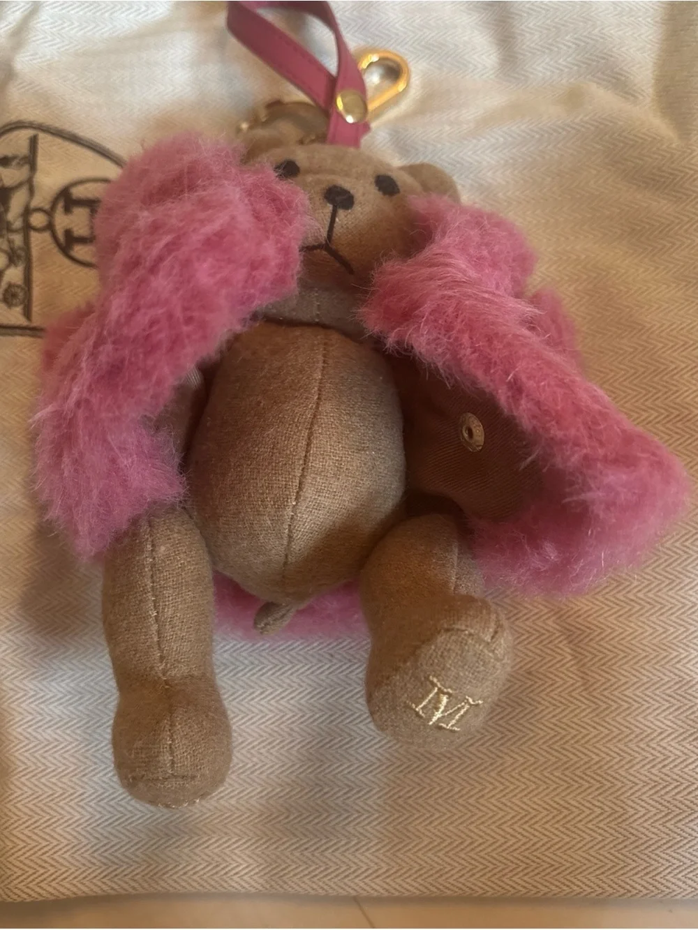 MaxMara Brown Bear Bag Charm with Pink Wool Fur Coat and Gold Hardware